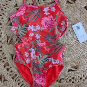 Old Navy Red and Pink Floral Kids Swim One Piece